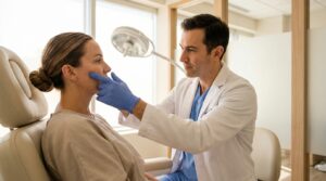 Plastic surgeon assessing a patient's cheekbone contour during cheek augmentation consultation